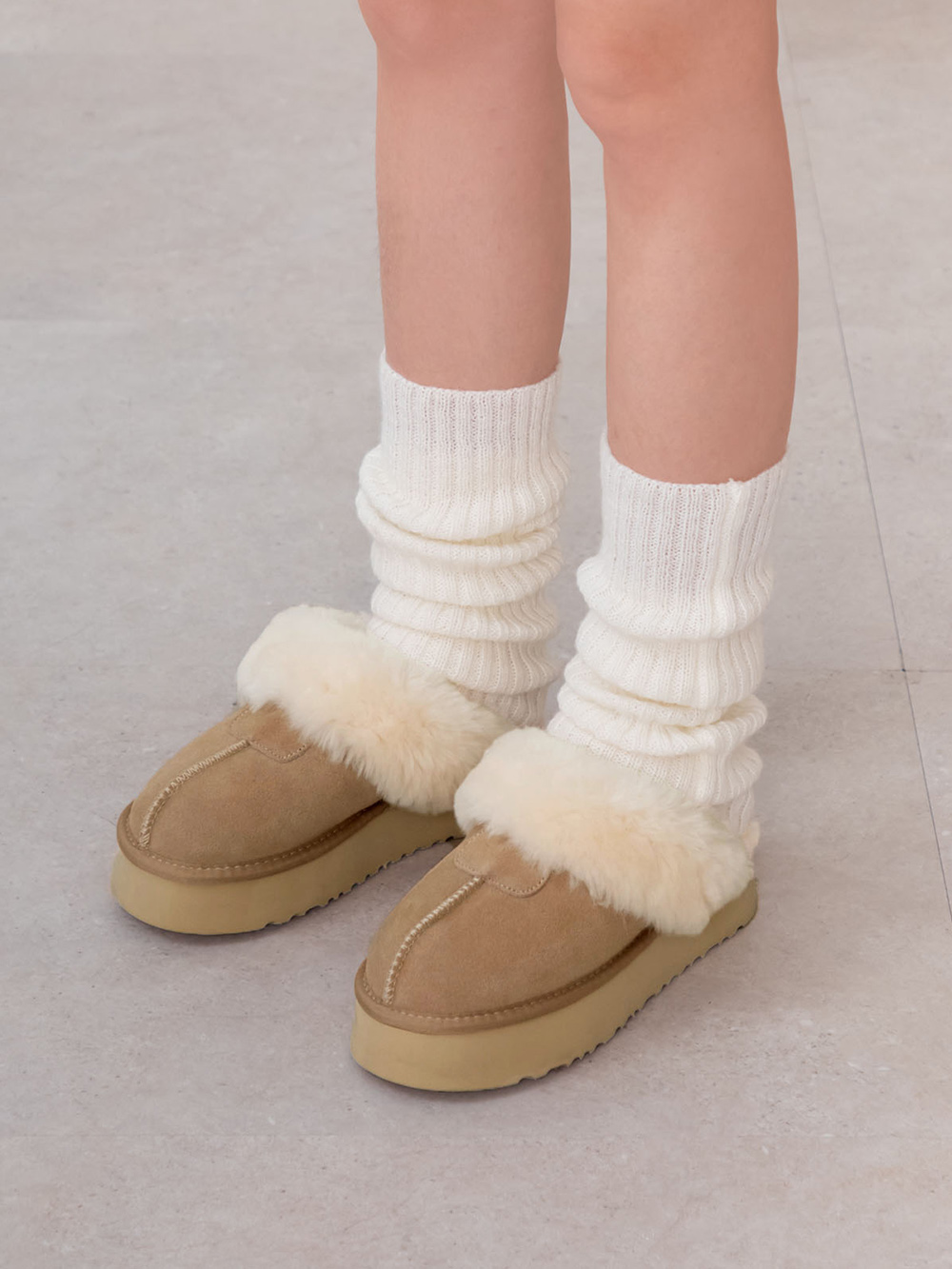 雪地精靈．真皮羊毛厚底雪靴拖鞋 沙色