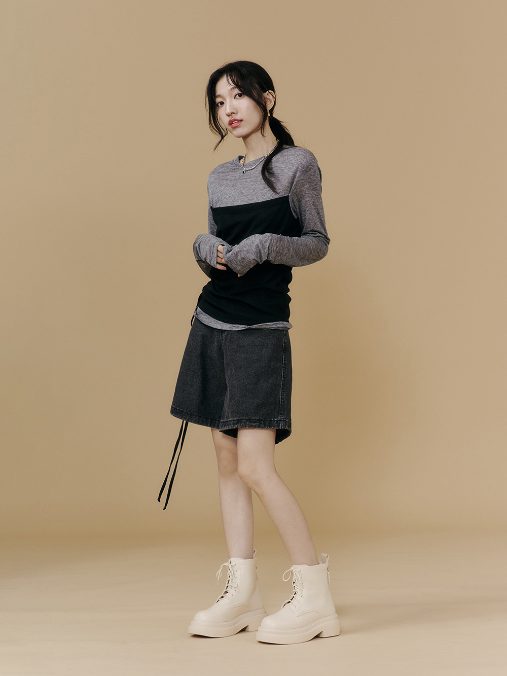 偶像學園輕量厚底綁帶短靴 米白色