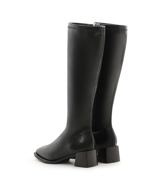 Plain Square Toe Mid-Heel Slimming Boots Black