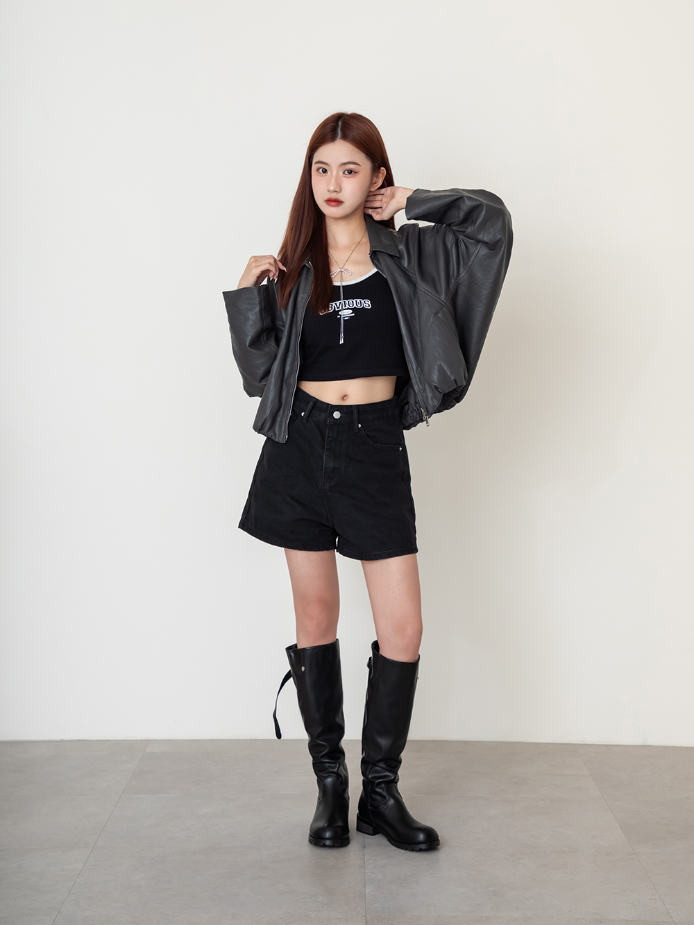 潮流熱搜後拉鍊寬筒堆堆靴 黑色