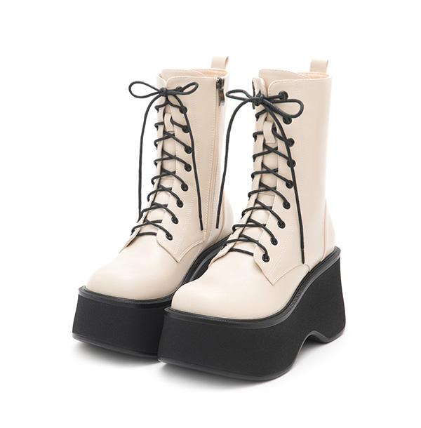 K-pop Girl Thick-Sole Lace-Up Ankle Boots Beige