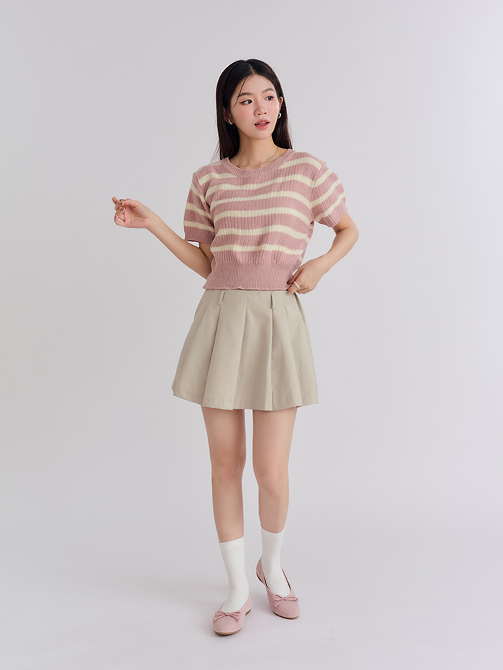 【3D零感雲織鞋】蝴蝶結圓頭芭蕾娃娃鞋 裸膚粉