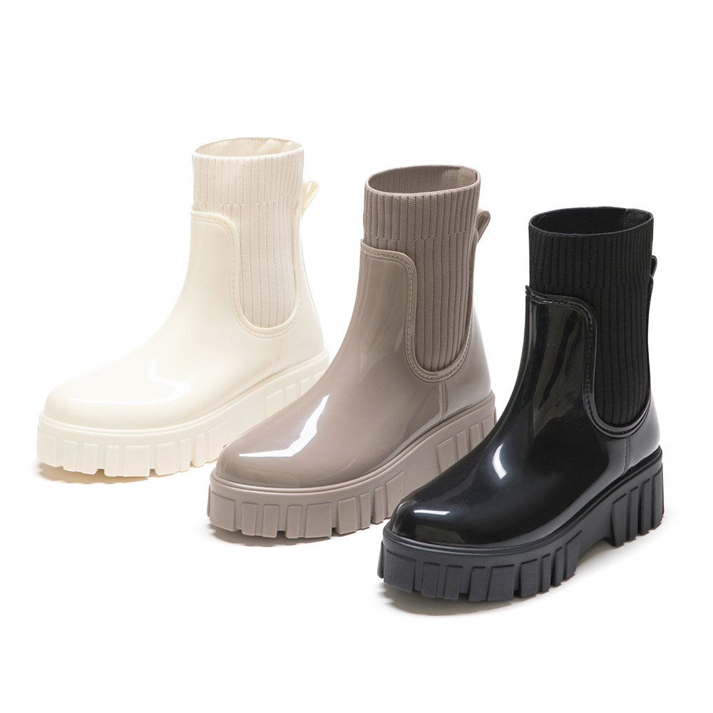 潮人時尚．鋸齒底針織拼接短筒雨靴 香草米