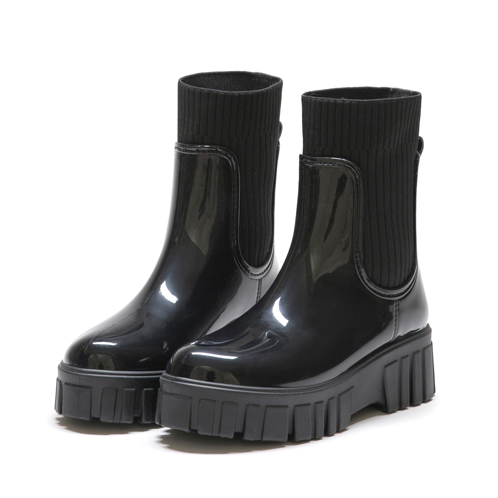 潮人時尚．鋸齒底針織拼接短筒雨靴 時尚黑