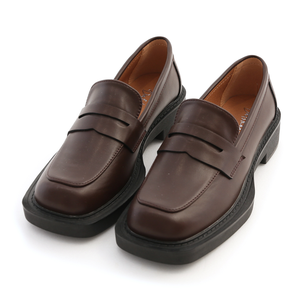 Retro Square Toe Padded Sole Loafers Dark Brown