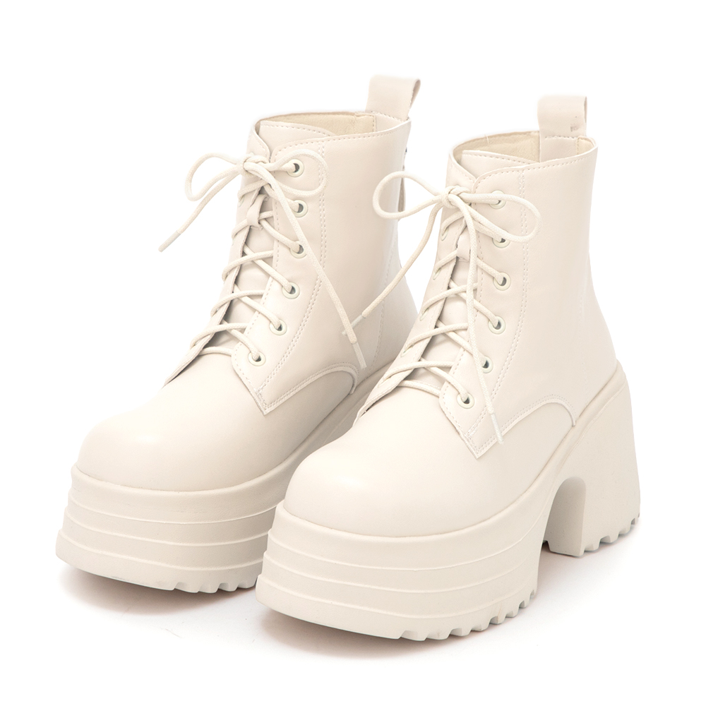 舞力全開增高加厚底綁帶短靴 米白色