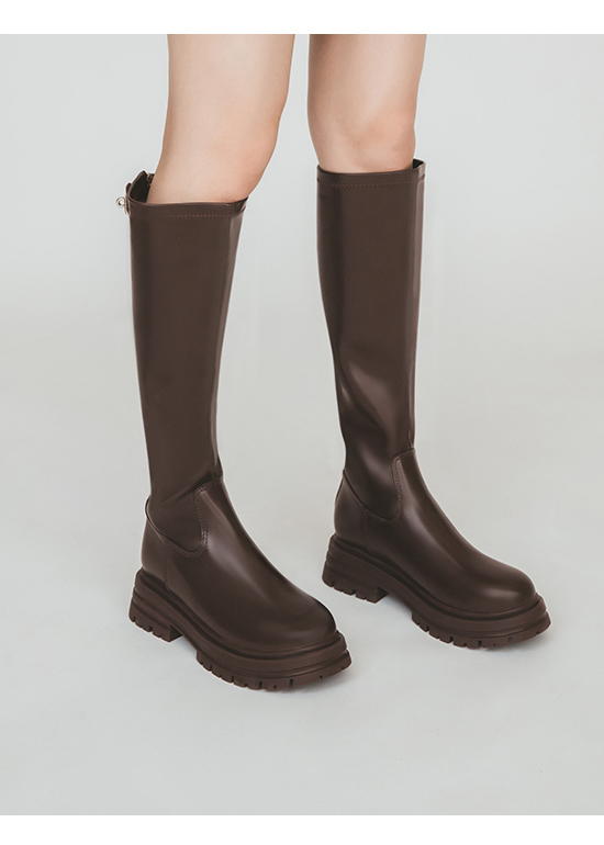 Silver Buckle Plain Knee-High Boots Dark Brown