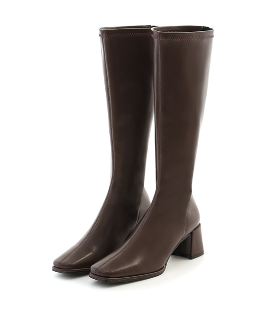 Plain Square Toe High-Heel Slimming Tall Boots Dark Brown