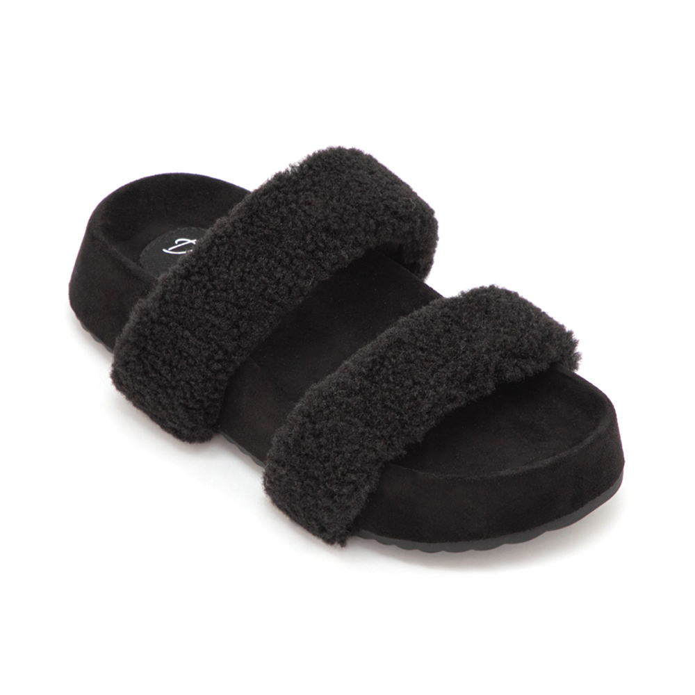 QQ小捲毛一字雙帶厚底拖鞋 黑色