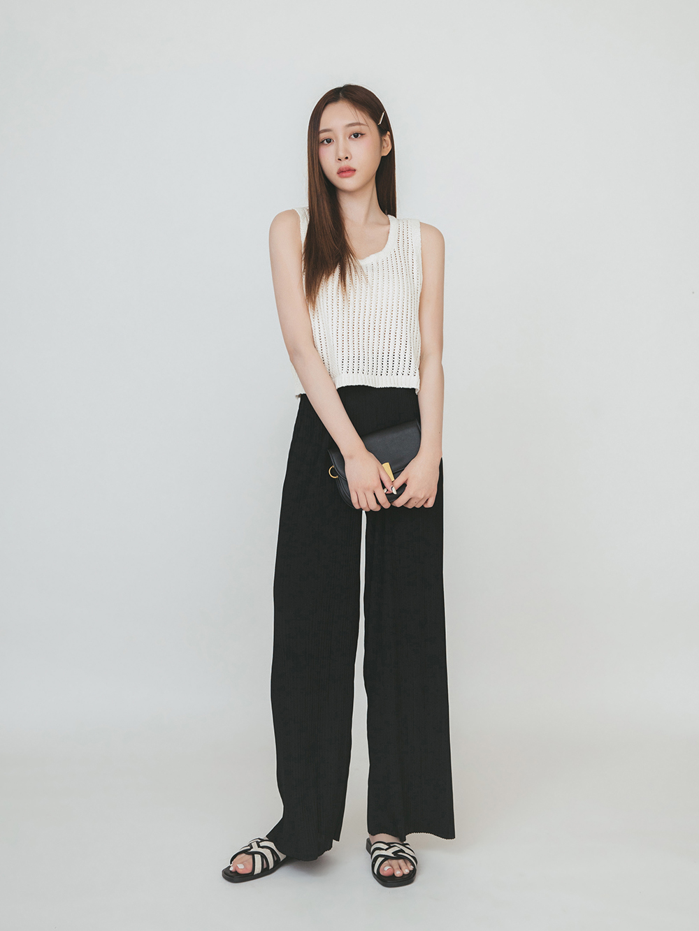 海島渡假.草編麻花設計平底涼拖鞋 時尚黑