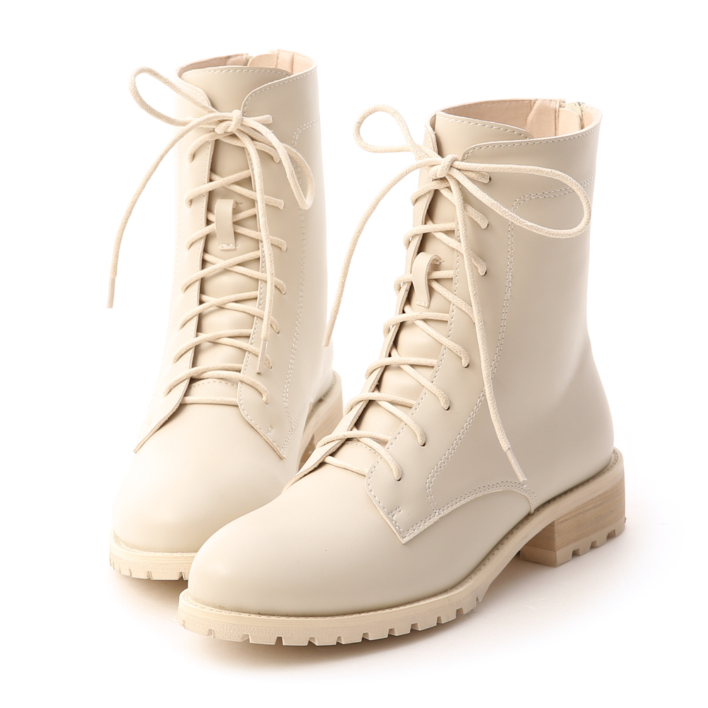 Back Zipper Lace-Up Mid-Tube Boots Cream