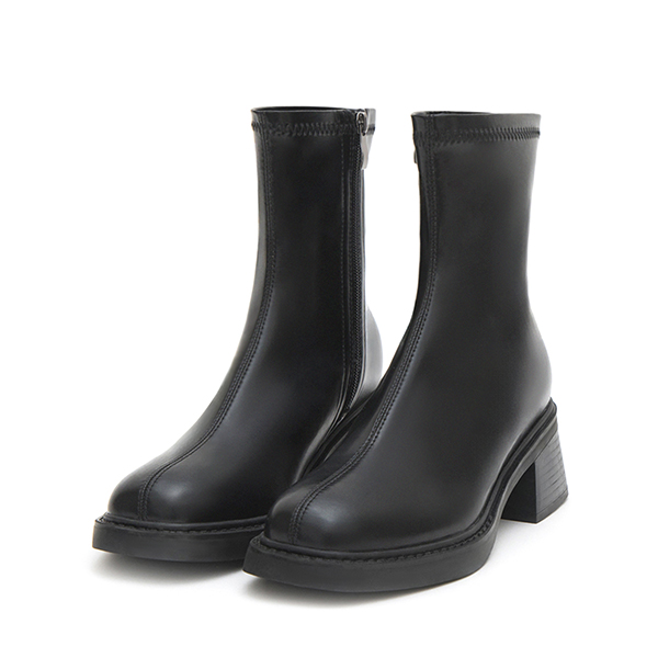 Square-Toe Wood-Heel Slim Boots Black