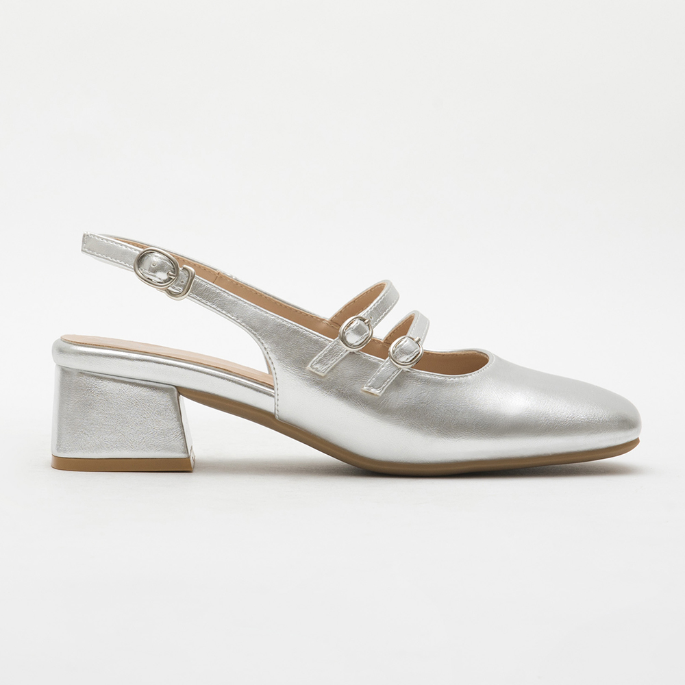 Patent Leather Double Strap Low-Heel Slingback Mary Jane Shoes Silver