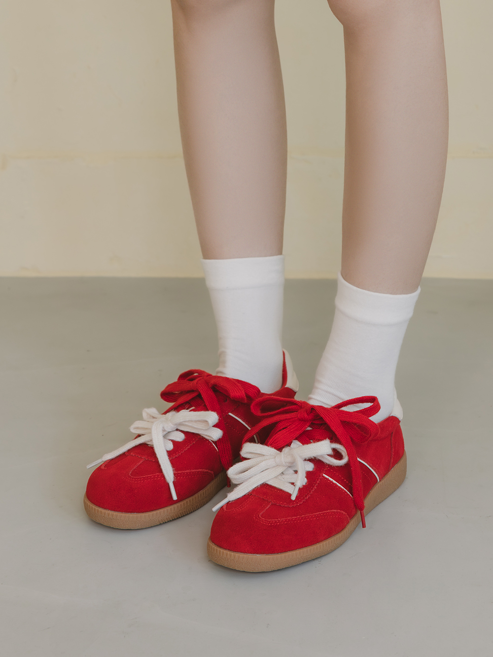 雙色鞋帶真皮復古德訓鞋 紅