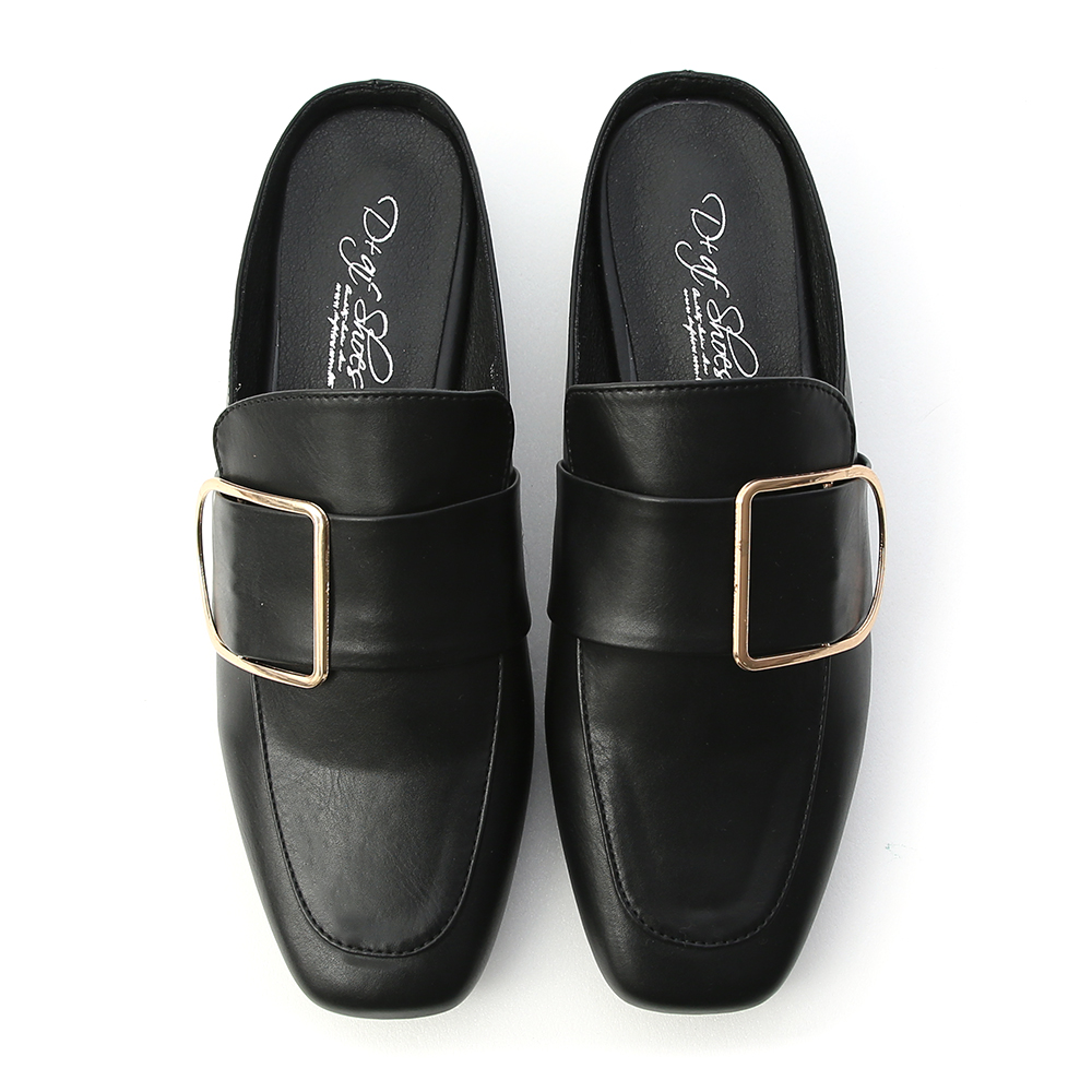 金屬方金釦低跟穆勒鞋 時尚黑 │ D+AF官方購物網站