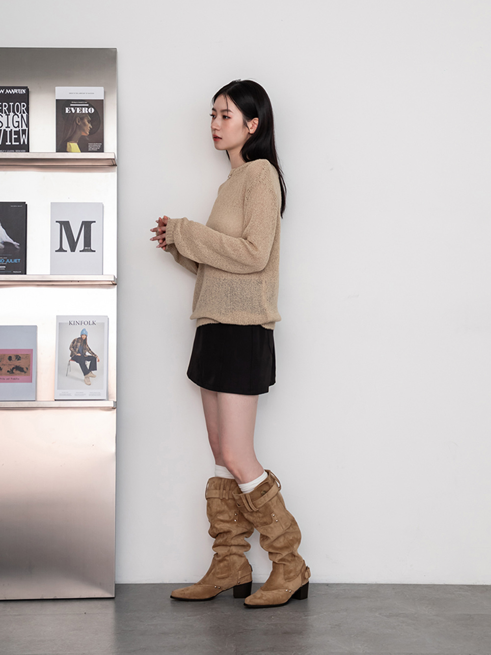 流浪風褲型剪裁尖頭寬筒靴 卡其色