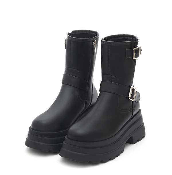 Metal Buckle Platform Biker Boots Black