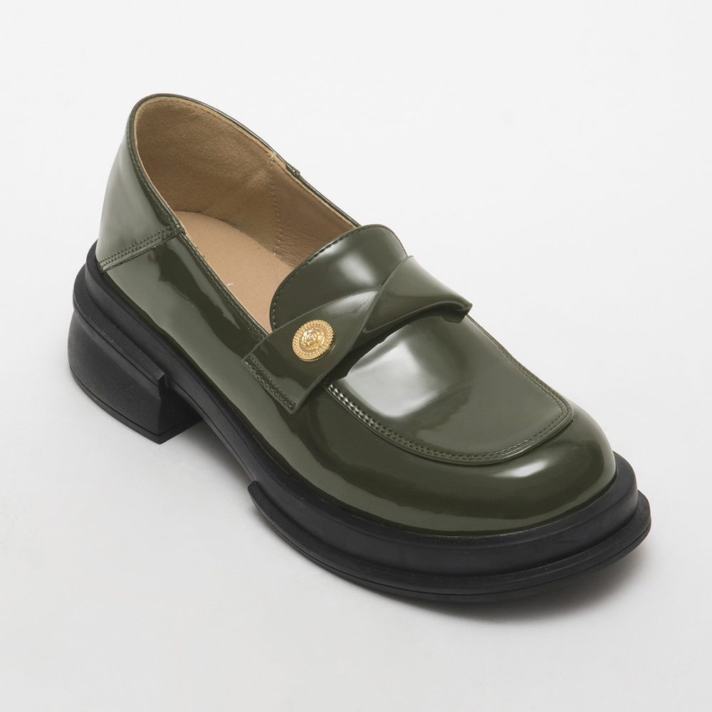 Coin Embellished Square Toe Loafers Green