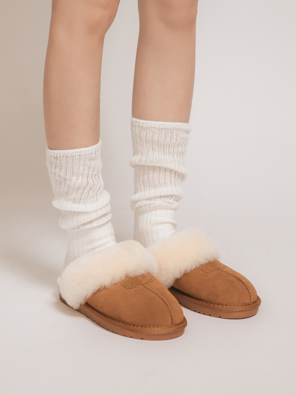 俏皮雪寶．真皮羊毛雪靴拖鞋 駝色