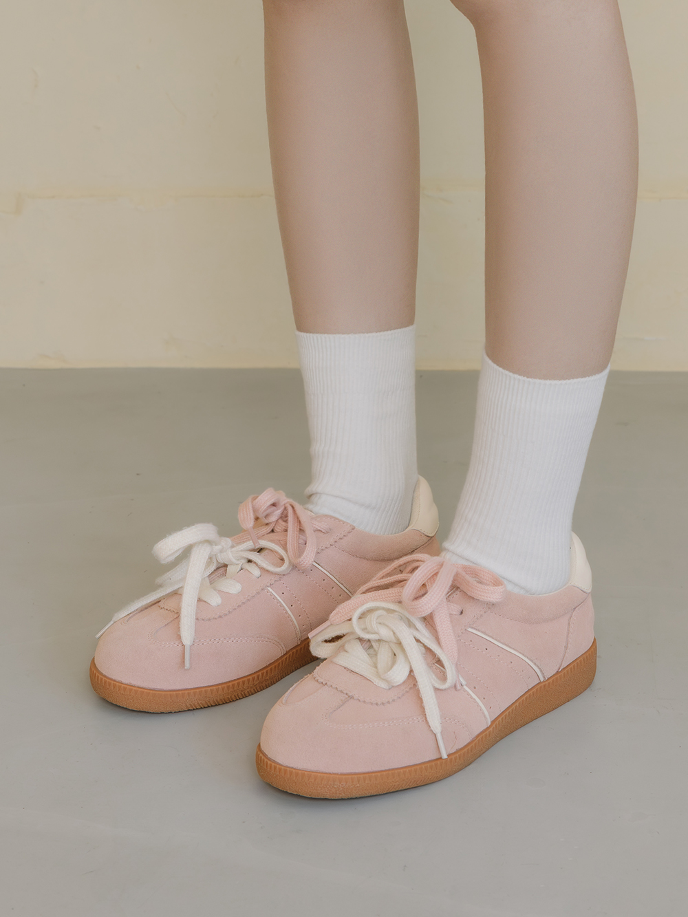 雙色鞋帶真皮復古德訓鞋 粉