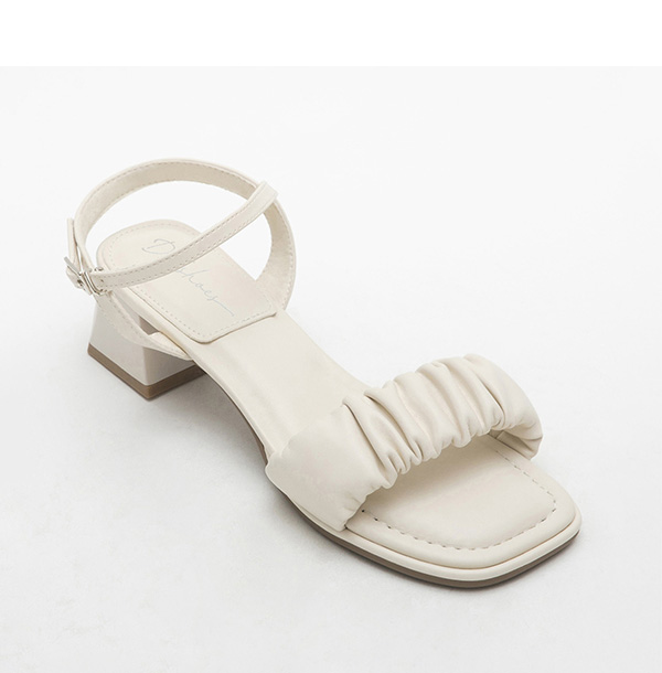Ruched Puffy Cushioned Mid-Heel Sandals Beige