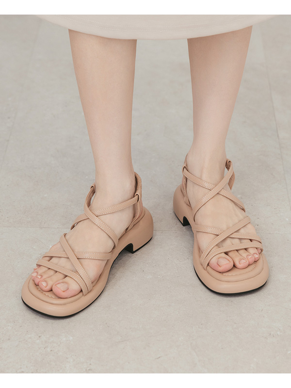 Cross-Strap Low-Heeled Sandals Beige