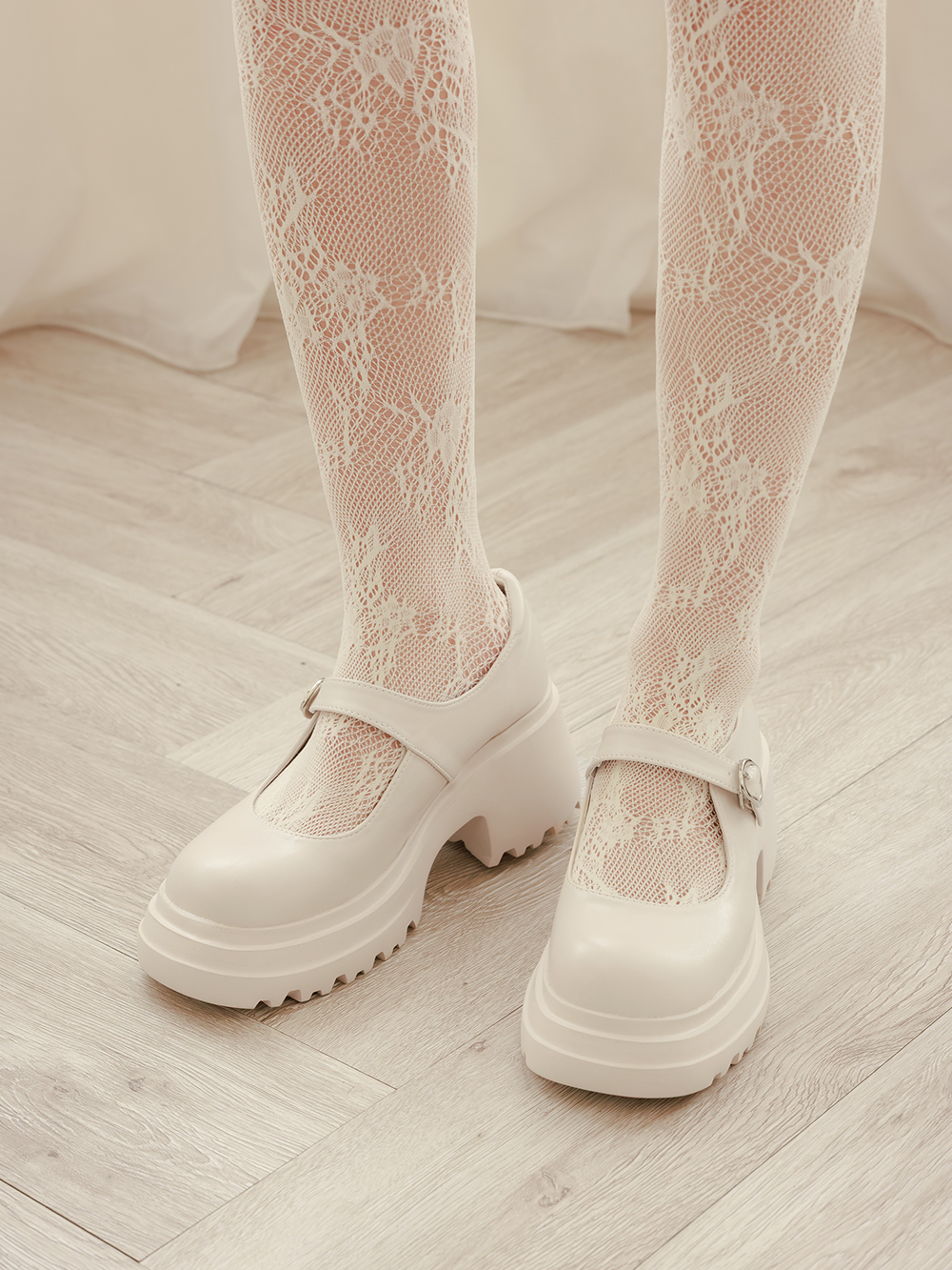 氧氣美女增高加厚底瑪莉珍鞋 米白