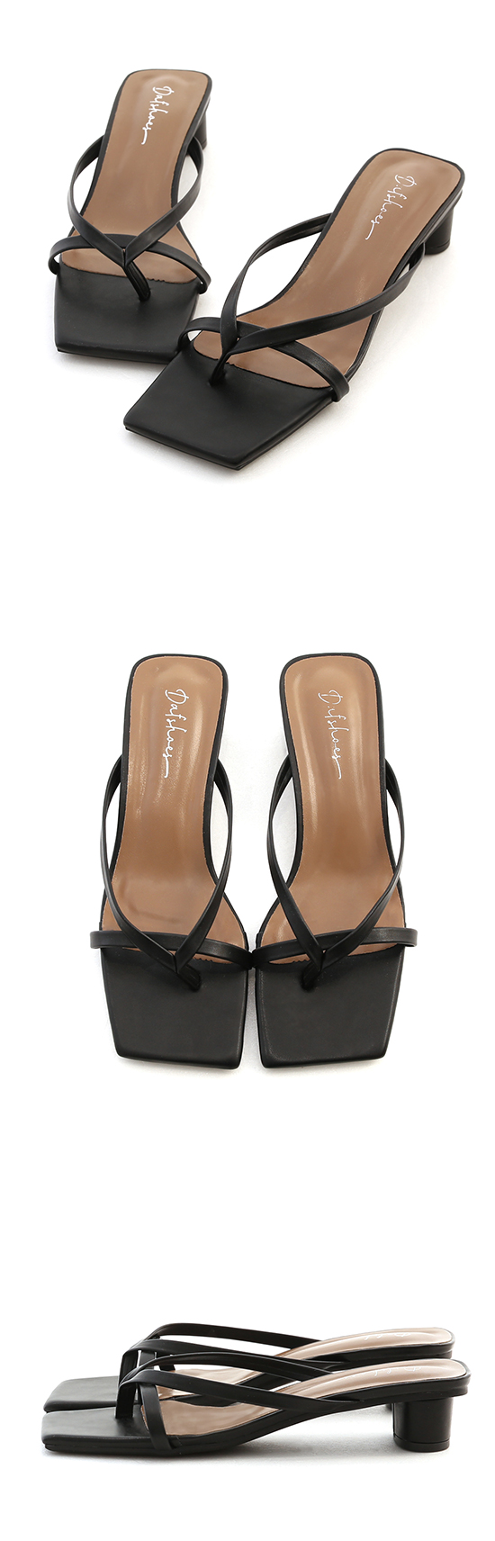 Square Toe Strappy Slip-On Sandals Black