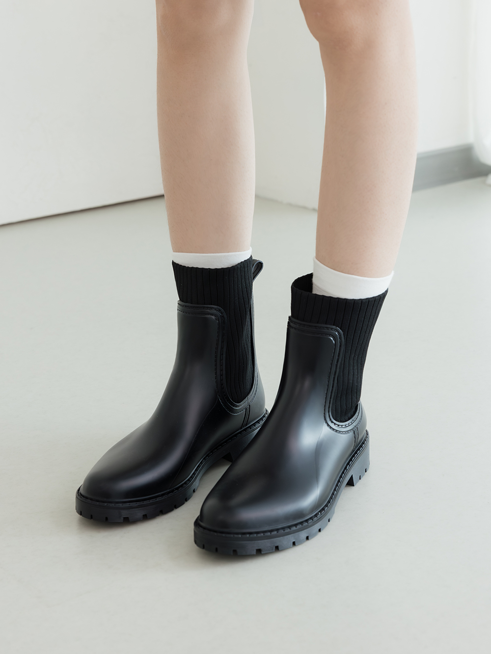 【機能鞋墊】針織拼接切爾西短筒雨靴 黑色