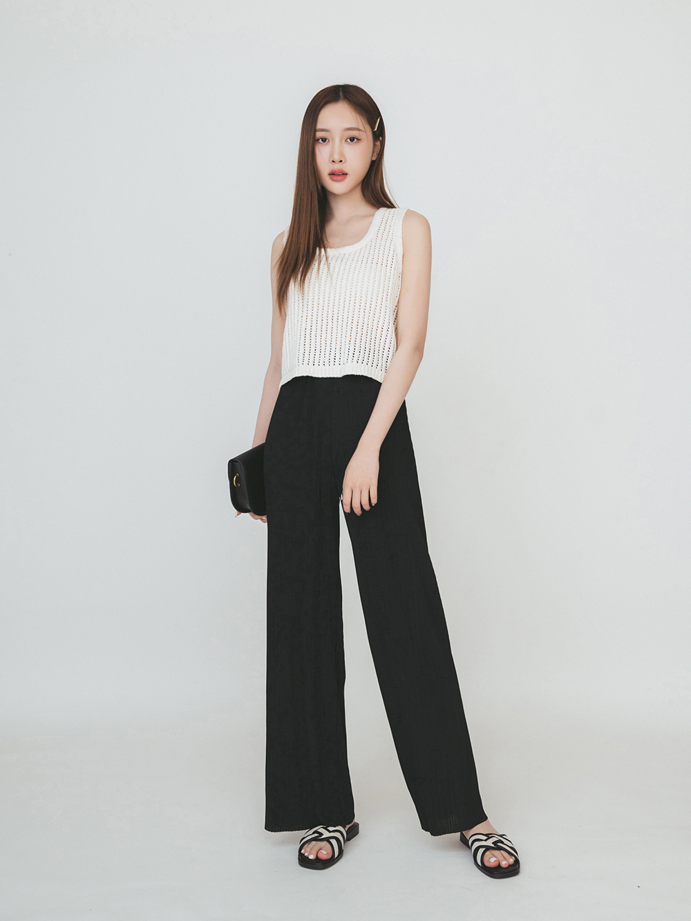 海島渡假.草編麻花設計平底涼拖鞋 時尚黑