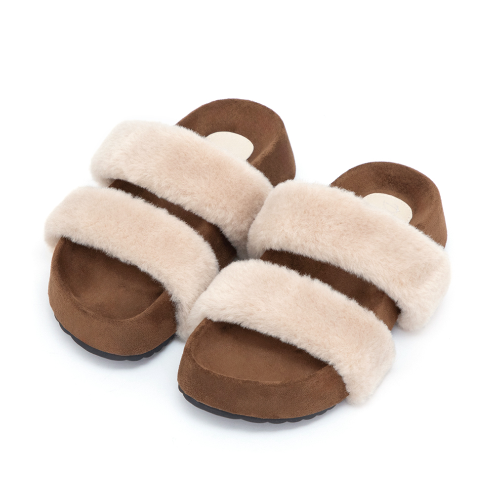 軟萌毛毛一字雙帶厚底拖鞋 杏色