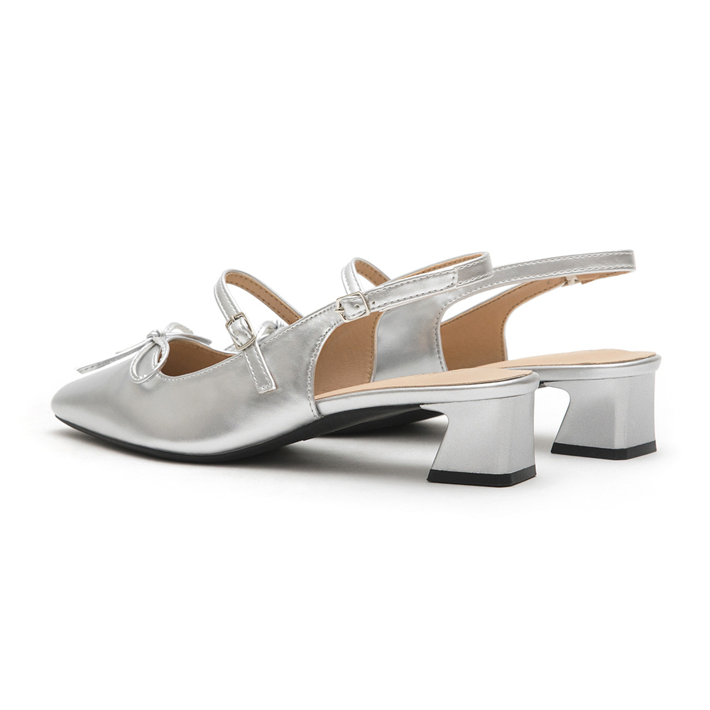 Bow Tie Pointed Toe Slingback Heels Silver