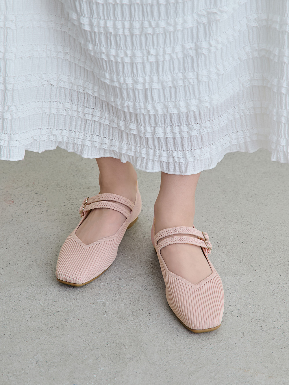 【3D零感雲織鞋】雙帶方頭瑪莉珍鞋 裸膚粉