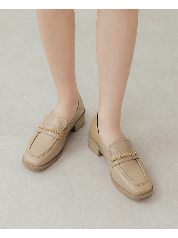 Metal Chain Square-Toe Loafers Beige