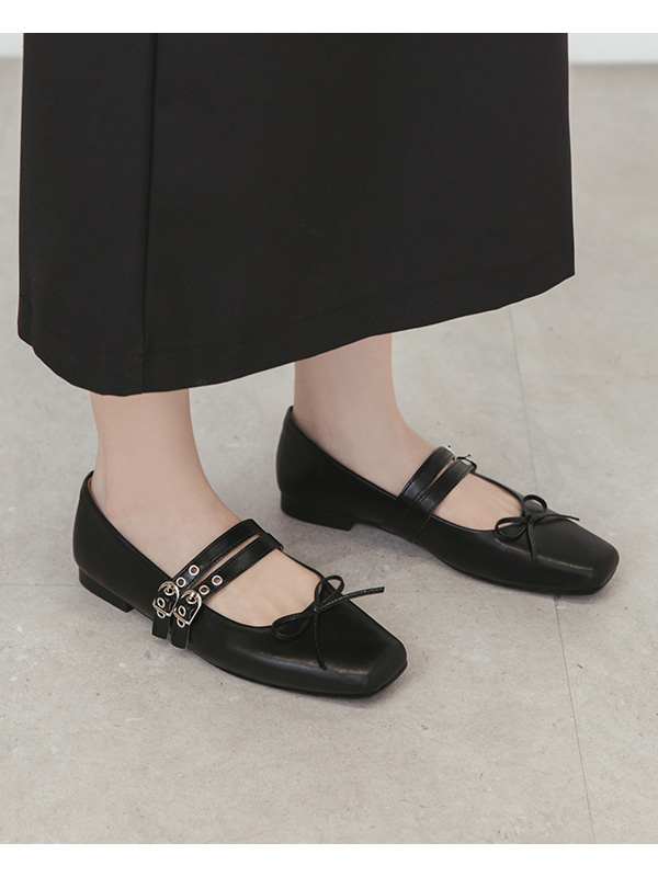 Punk Metal Double Buckle Ballet Flats Black