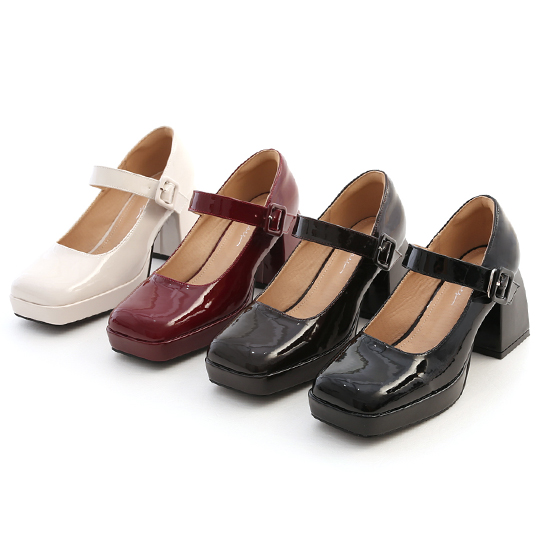 Patent Square Toe Mary Jane Heels Dark Brown
