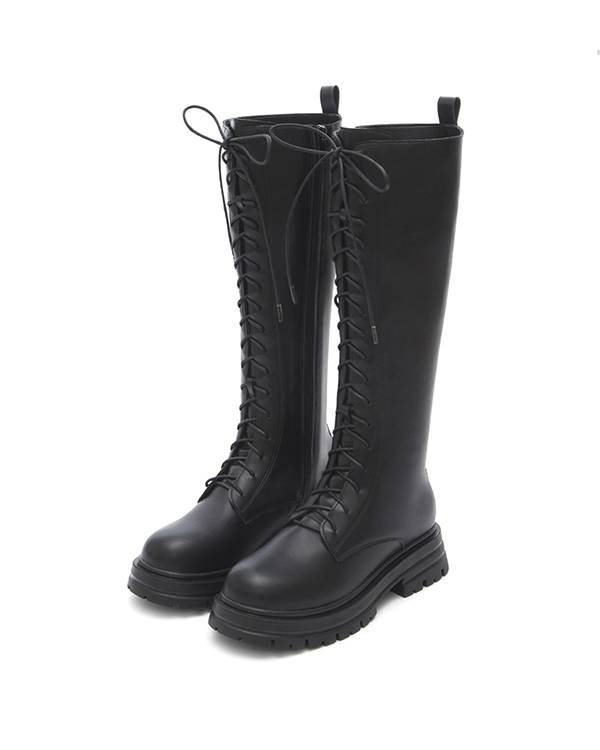 Platform Sole Lace-Up Combat Long Boots Black