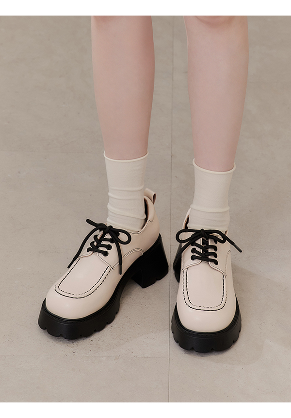 Retro Square Toe Chunky Oxfords Beige