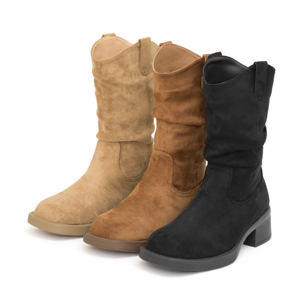 嬉皮小V口抓皺西部堆堆靴 黑色