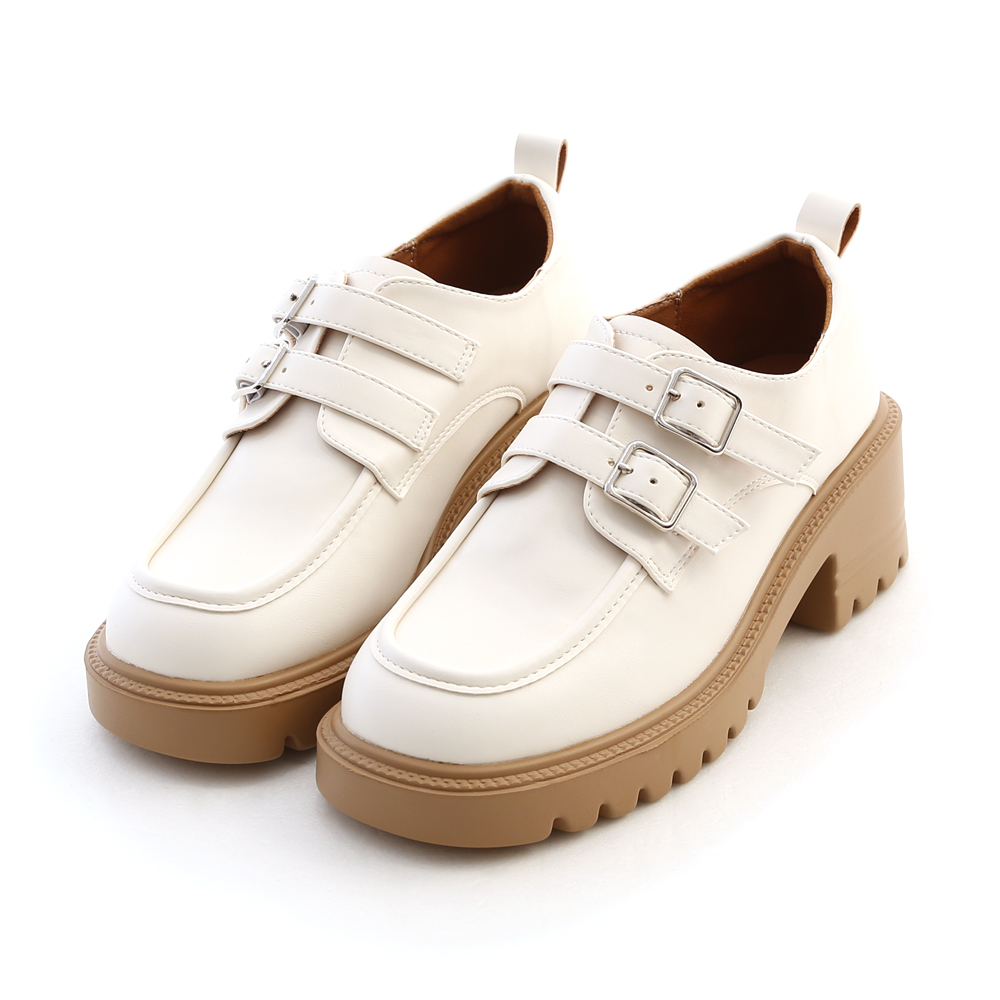 Double-buckle Thick Sole Mid-Heel Loafers Vanilla