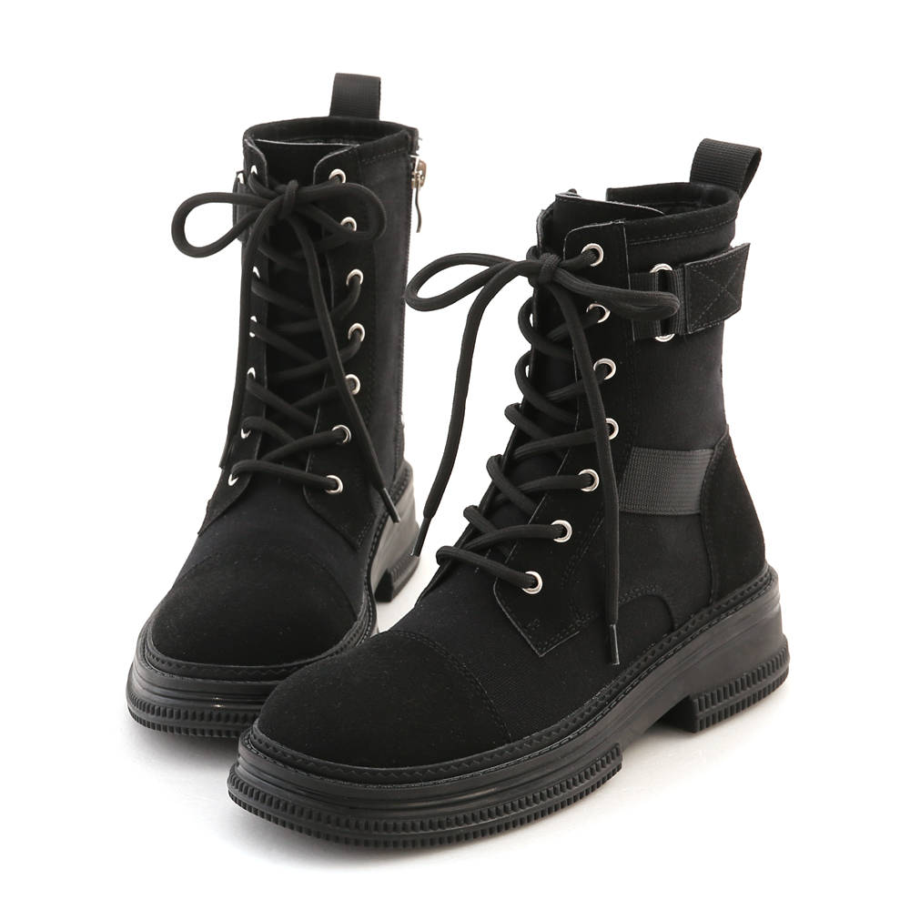 Stitching Lace-Up Biker Boots Black