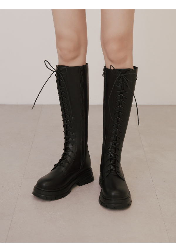 Platform Sole Lace-Up Combat Long Boots Black