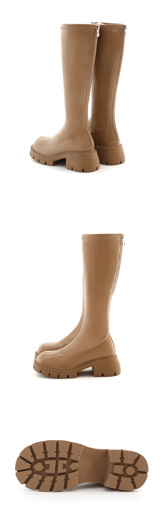 Round Toe Chunky Sole High Heeled Slimming Boots Beige