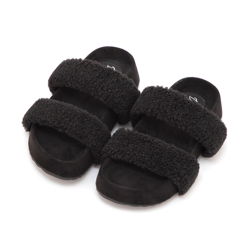 QQ小捲毛一字雙帶厚底拖鞋 黑色