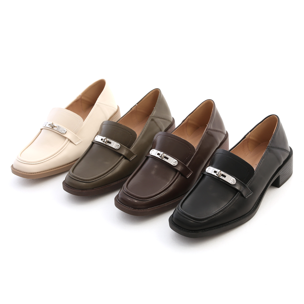 Metal Buckle Wooden Heel Loafers Dark Brown