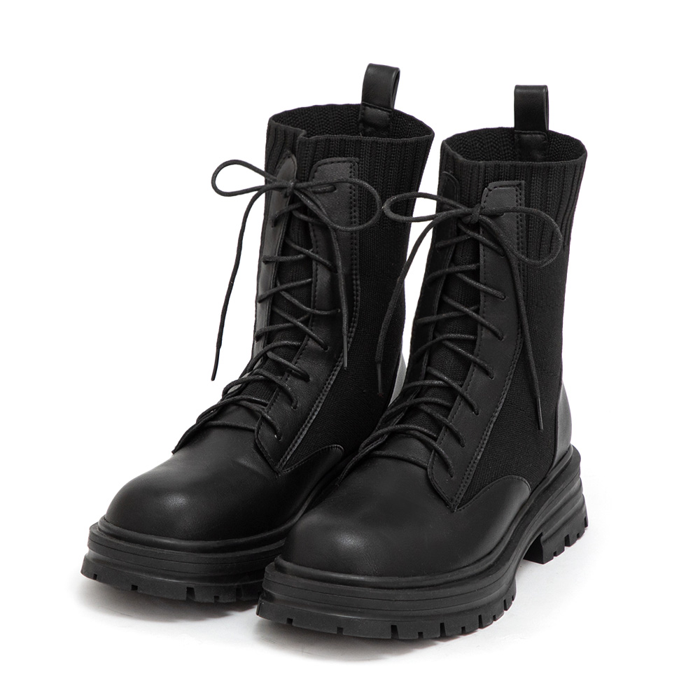 個性boy風針織拼接綁帶短靴 黑色