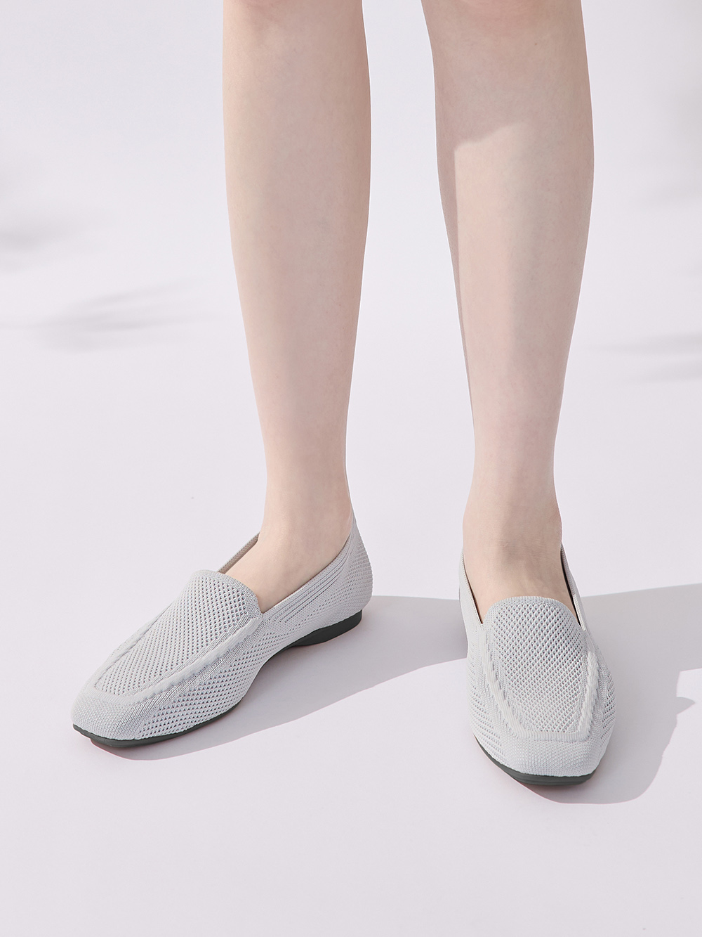 【3D零感雲織鞋】素面方頭樂福鞋 象牙灰