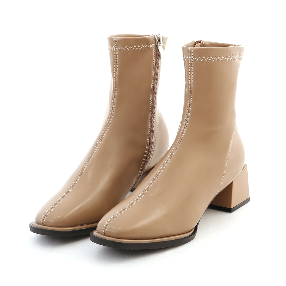 Square Toe Mid-Heel Slimming Boots Beige