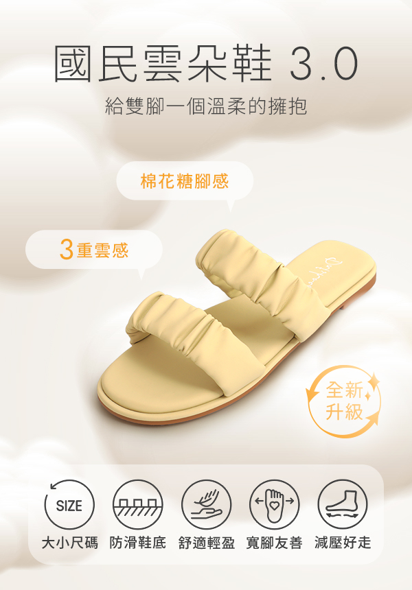 【國民雲朵鞋3.0】粉彩雲朵抓皺雙帶拖鞋 草莓粉