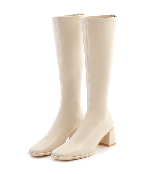 Plain Square Toe High-Heel Slimming Tall Boots Vanilla